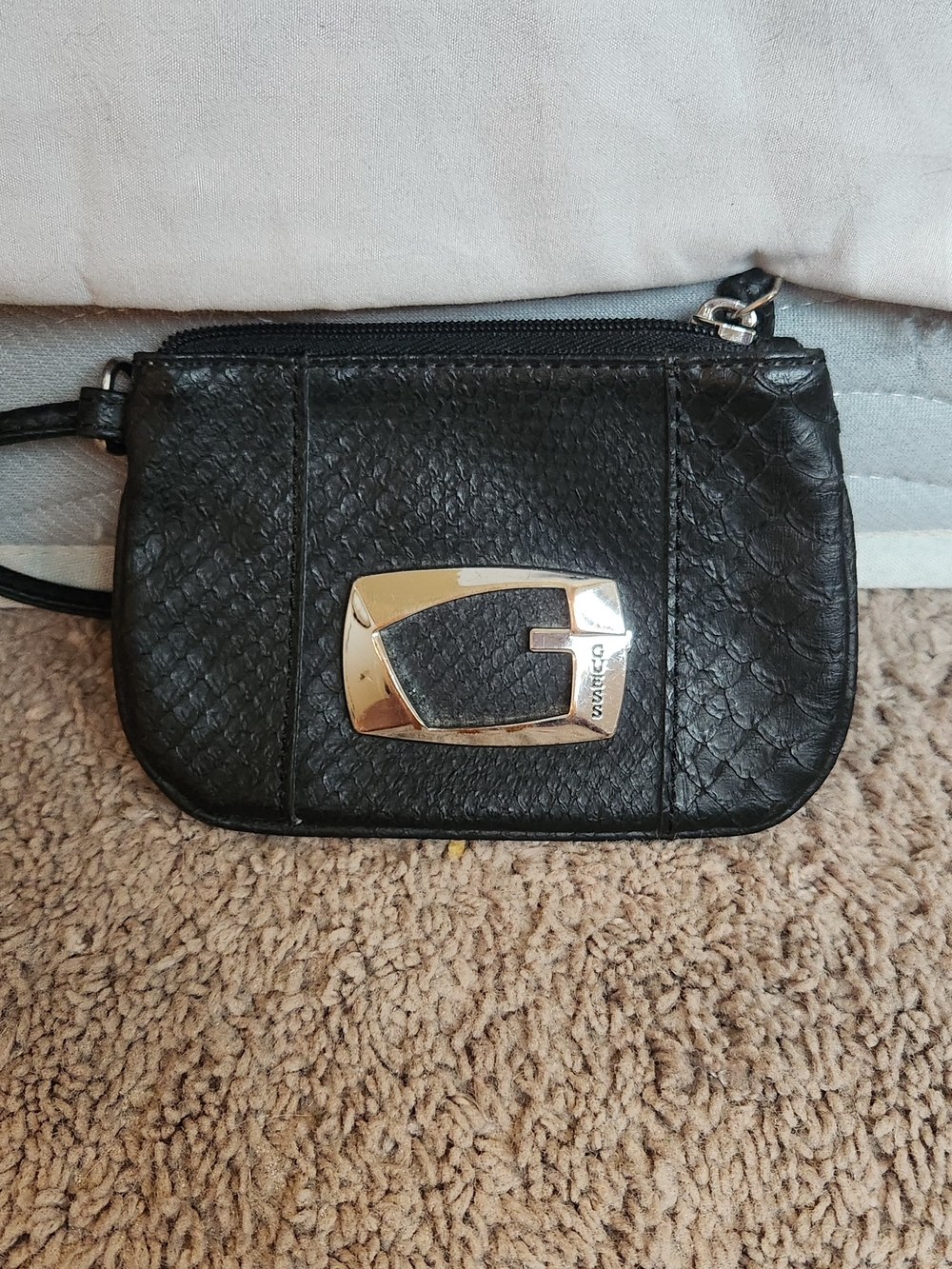 Guess Black Textured Wristlet with Gold-Tone Logo Plaque
